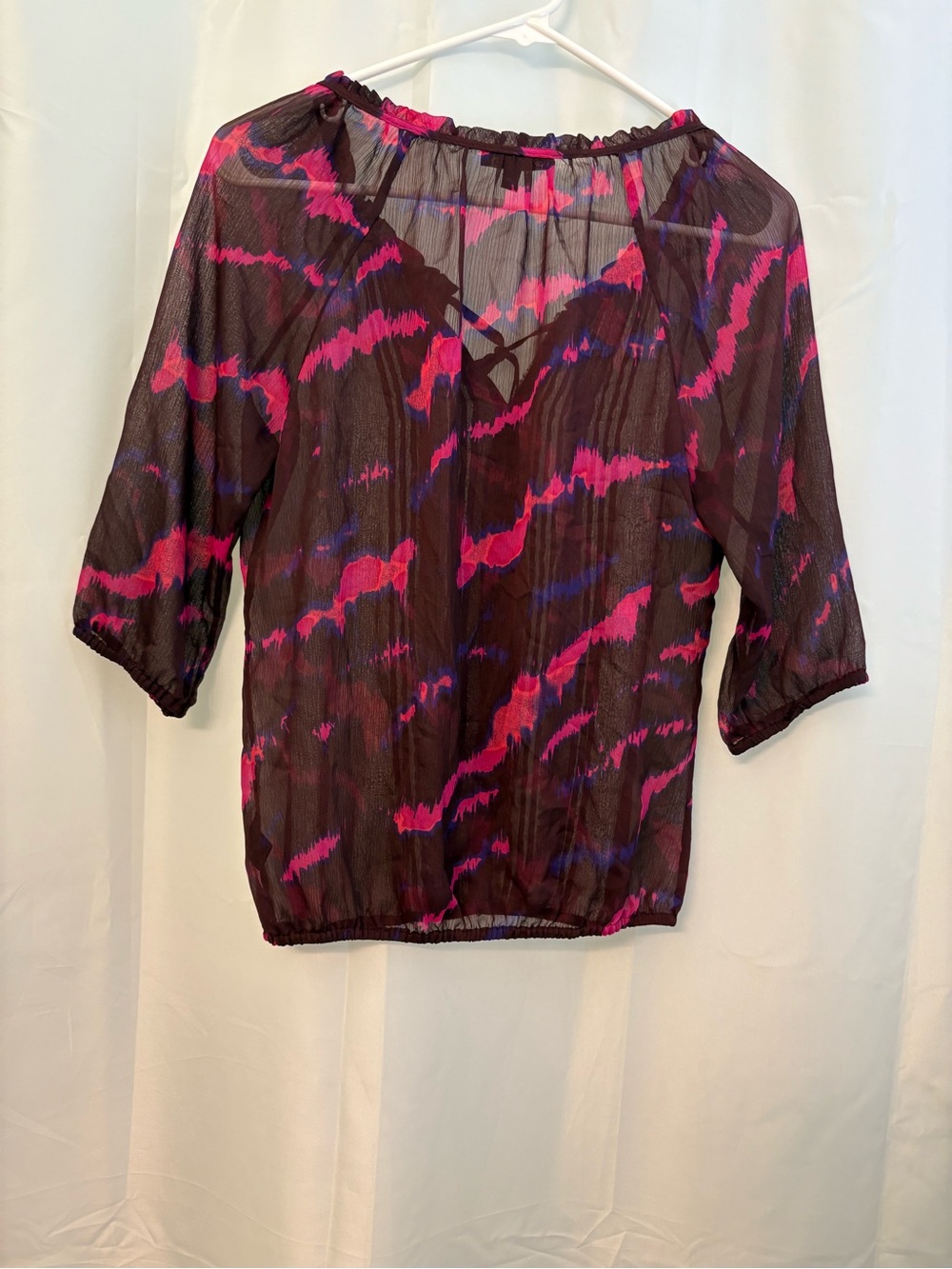 Express Sheer Tie-Neck Boho Blouse in Magenta, Purple and Brown Top Shirt - Picture 2 of 4